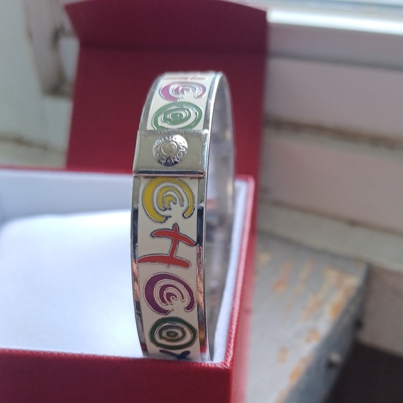 Coach vintage stamped fun multicolor enamel silver thick bangle bracelet & box - Picture 5 of 15